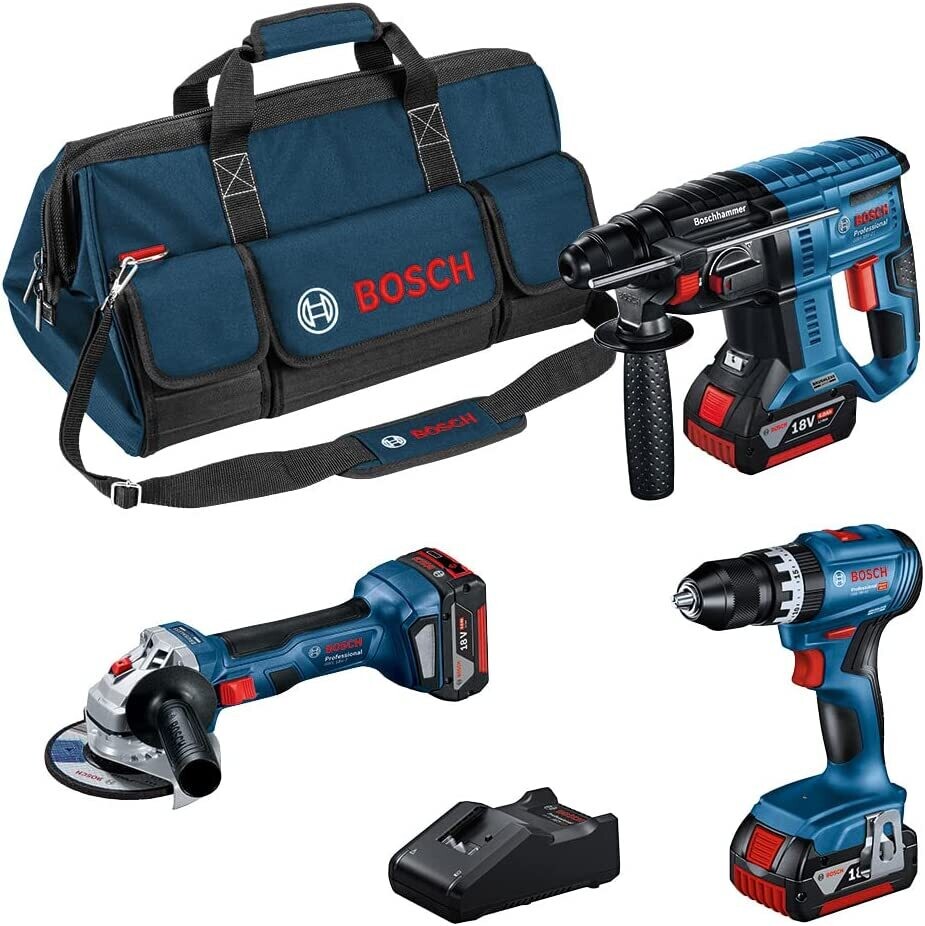 Bosch Professional 18V System GSB 18V-45 + GBH 18V-21 + GWS 18V-7 (125) - Set taladro + martillo + amoladora (3 baterías 4.0Ah, en bolsa)