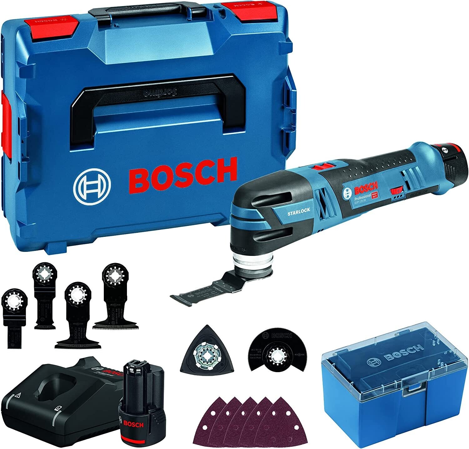 Bosch Professional GOP 12V-28 - Multiherramienta a batería (12 V, Starlock, 12 accesorios, 2 baterías x 3.0 Ah, en L-BOXX)