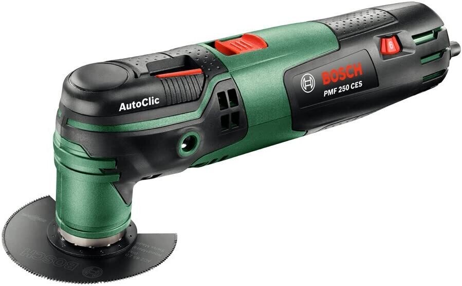 Bosch Multiherramienta PMF 250 CES, tope de profundidad, adaptador para aspiración, 2 hojas de sierra, placa lijadora, 6 hojas de lija, maletín (250 W, Starlock, Oscilación:2,8°)
