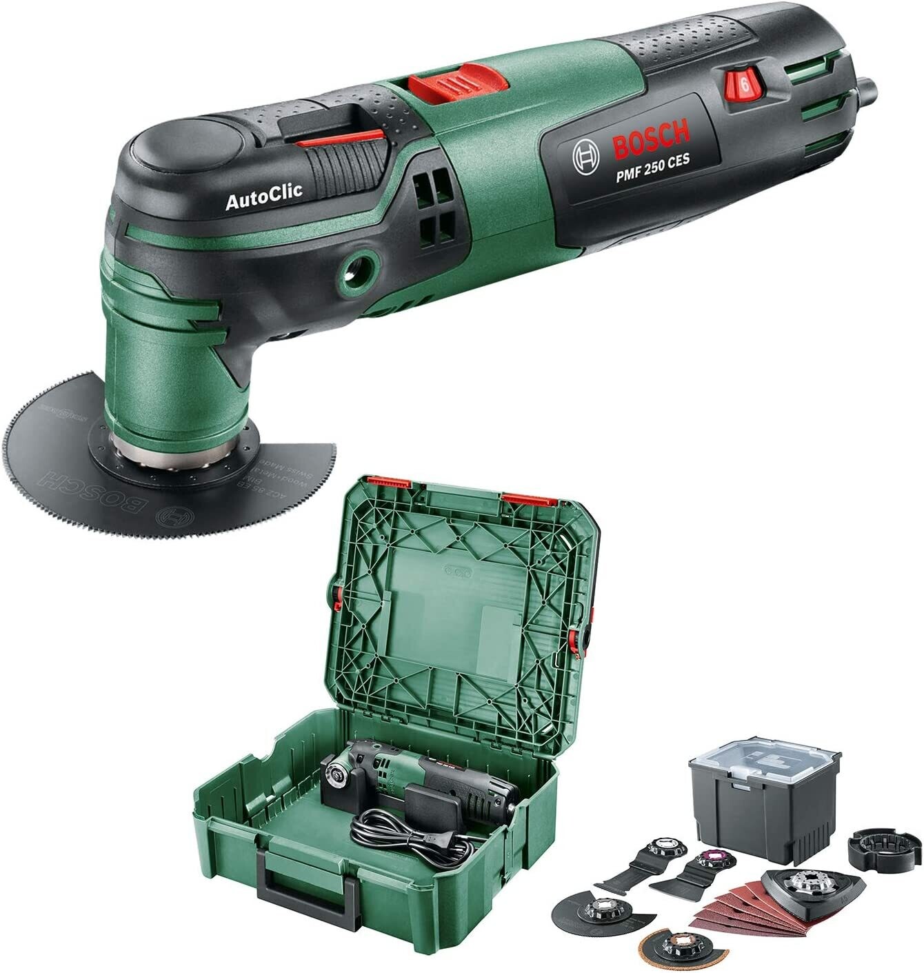 Bosch Multiherramienta PMF 250 CES 250 W, set universal de accesorios, en SystemBox, tamaño S