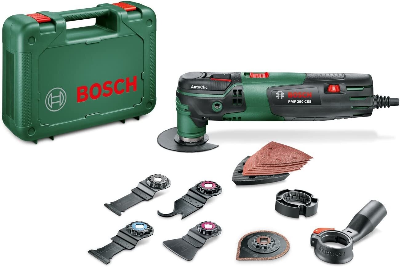 Bosch PMF 250 CES Set - Multiherramienta, 4 hojas de sierra, placa lijadora, cuchilla multiuso, juego de hojas lijadoras delta, sistema de aspiración, maletín (250 W)