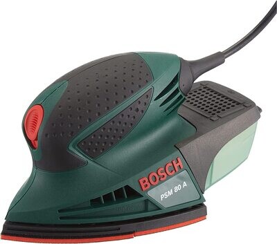 Bosch Home and Garden PSM 80 A - Multilijadora, 3 hojas de lija RedWood, con maletín (80 W, nº carreras en vacío: 20.000 min-1, Ø circuito oscilante: 1,4 mm), Color Verde