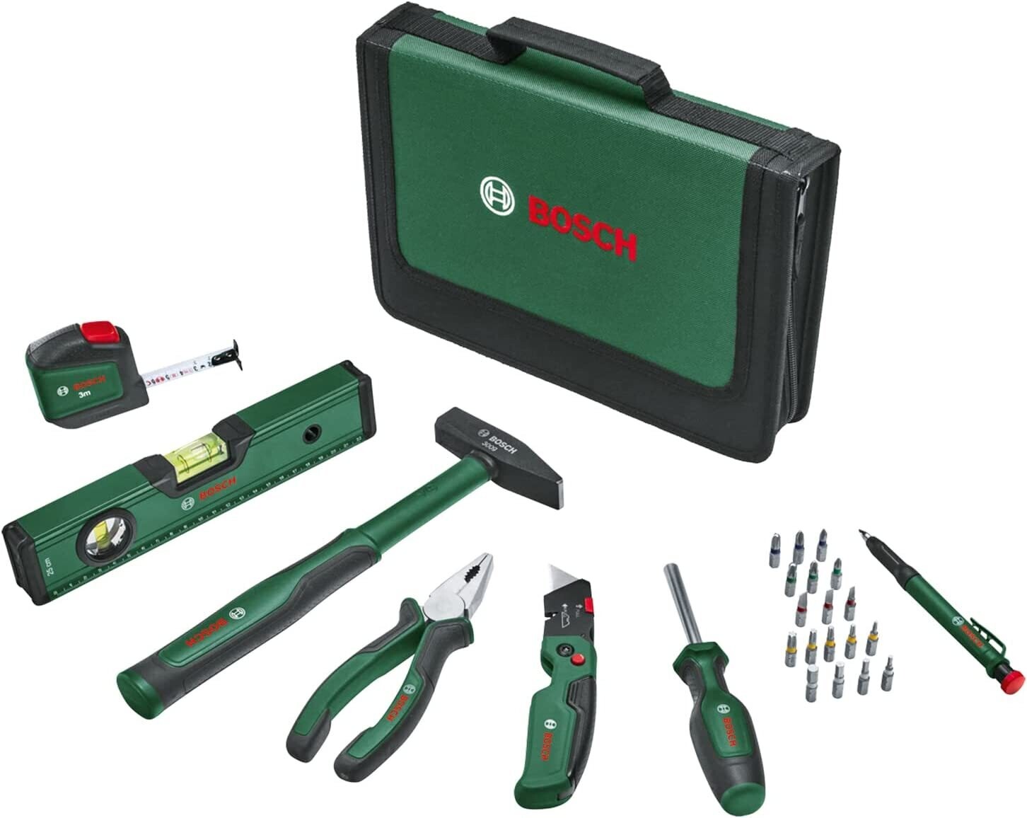 Bosch Home and Garden Universal Juego de Herramientas Manuales, 25 Piezas, Kit Versátil de Herramientas para Uso General en Bricolaje Doméstico, Cúter, Alicate Combinado, Cinta Métrica, Nivel
