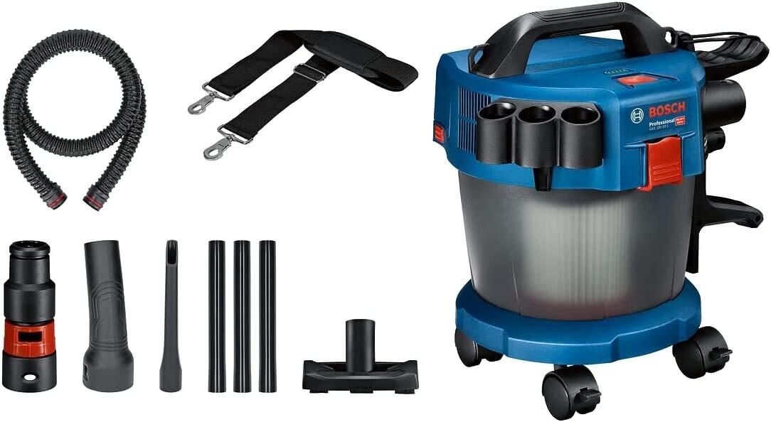 Bosch Professional 18V System GAS 18V-10 L - Aspirador a batería (depósito 10 l, 90 mbar, ruedas, adaptador, manguera 1,6 m, sin batería), Color Azul