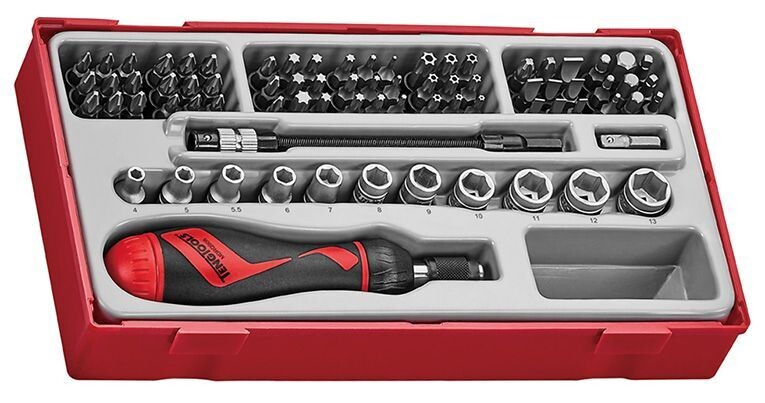 JUEGO DE PUNTAS, VASOS Y PORTAPUNTAS DE CARRACA 84 PCS JUEGO DE PUNTAS Y VASOS DE 1\4" CON DESTORNILLADOR Y ALARGADERA TTMDR84