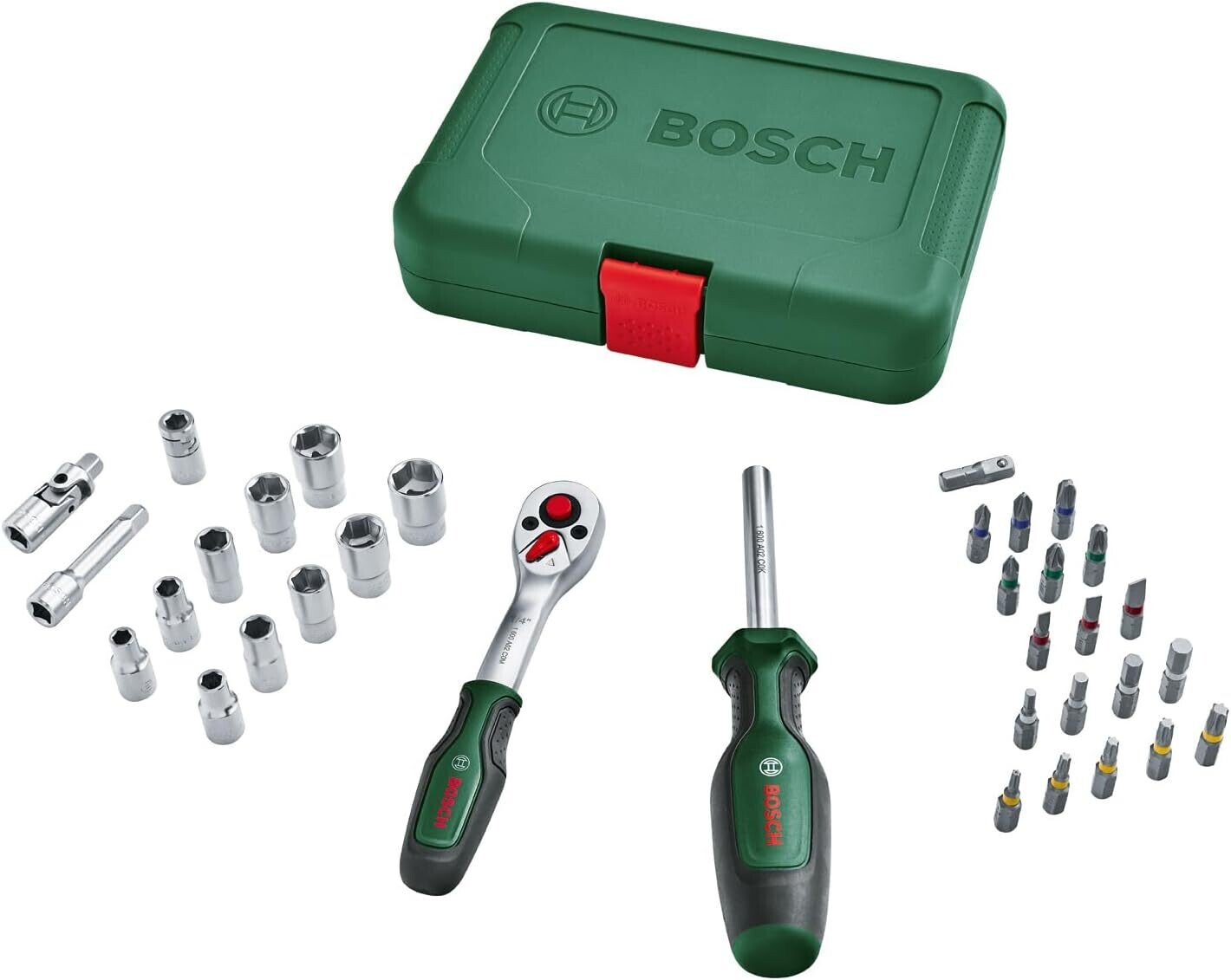 Bosch Home and Garden Juego de Llaves de Vaso de 1/4 pulgadas, 34 Piezas, Trinquete Versátil para Multitud de Tareas de Bricolaje, Empuñadura Ergonómica de Agarre Suave, Portapuntas Magnético
