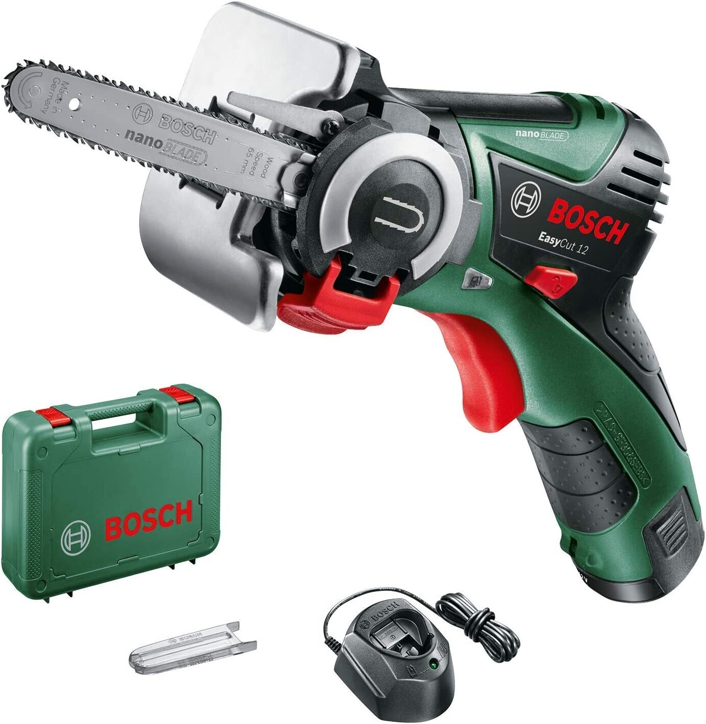 Bosch Home and Garden EasyCut 12, Sierra a Batería con Tecnología NanoBlade, 12V, Hoja de Sierra, 1 Batería 12V 2.0Ah, Cargador y Maletín, Color Negro, Verde y Rojo