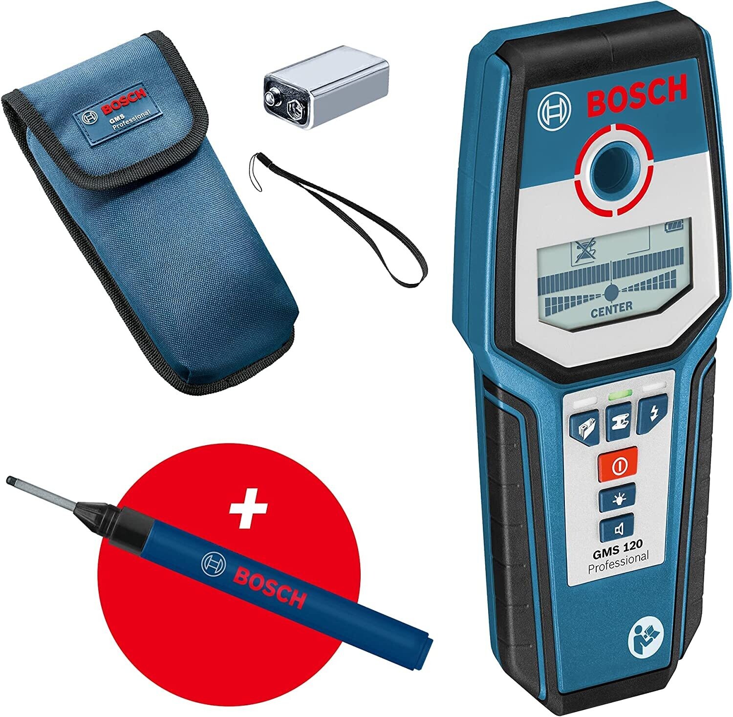Bosch Professional Detector de pared GMS 120 (marcador de agujeros, detección máx. en madera/metal magnético/metal no magnético/cables con tensión: 38/120/80/50 mm)