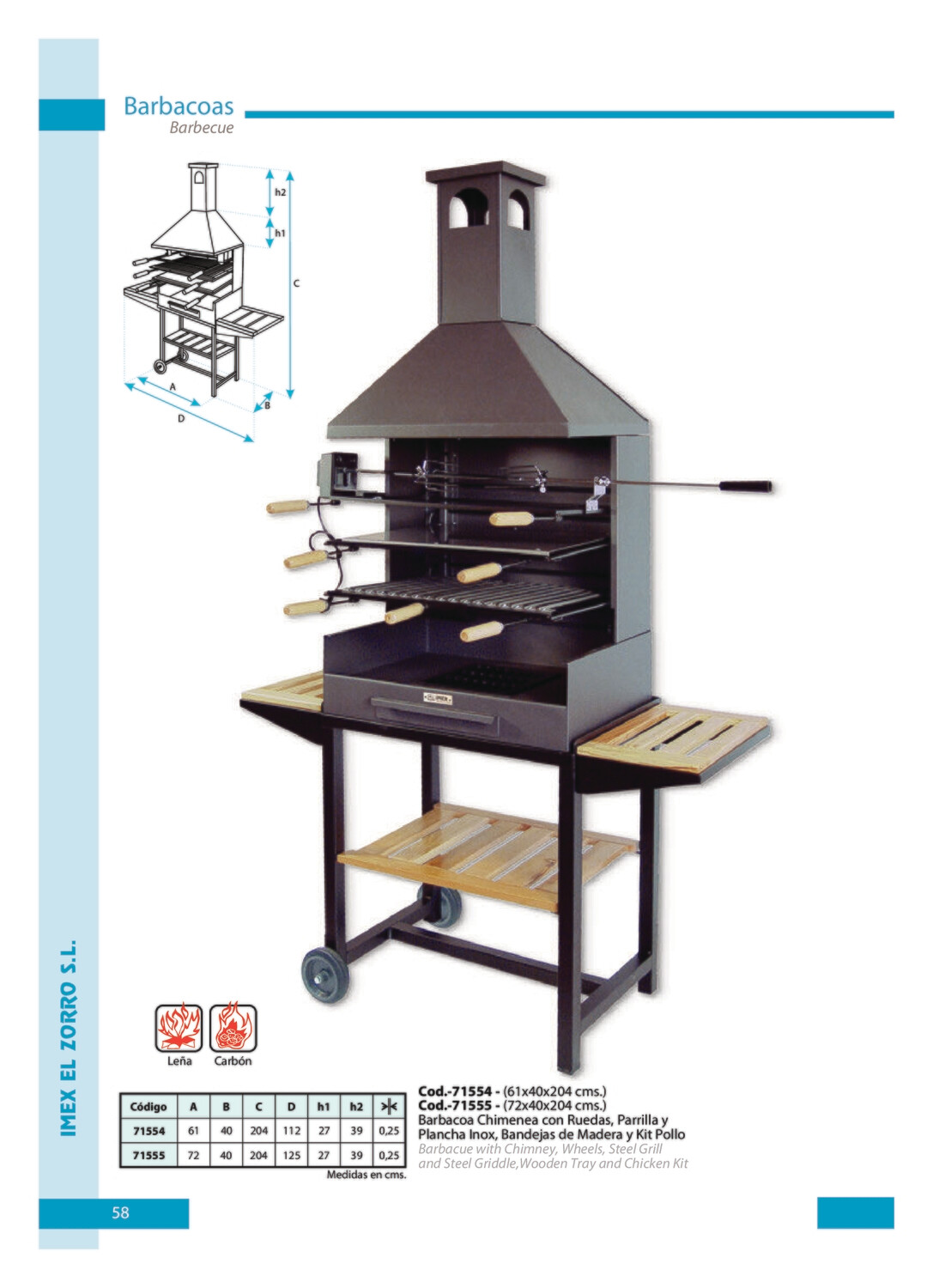 Barbacoa Chim.Completa c/Bandeja Madera 61x40x204 cms.