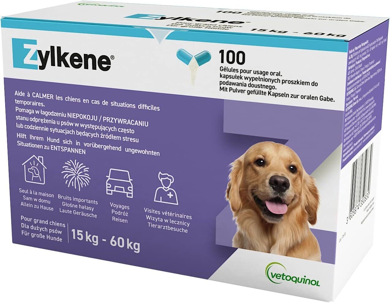 Zylkene 450 mg, 50 cápsulas (5 x 10 cápsulas), alimento suplementario para perros, lo que ayuda a controlar la ansiedad y las situaciones estresantes