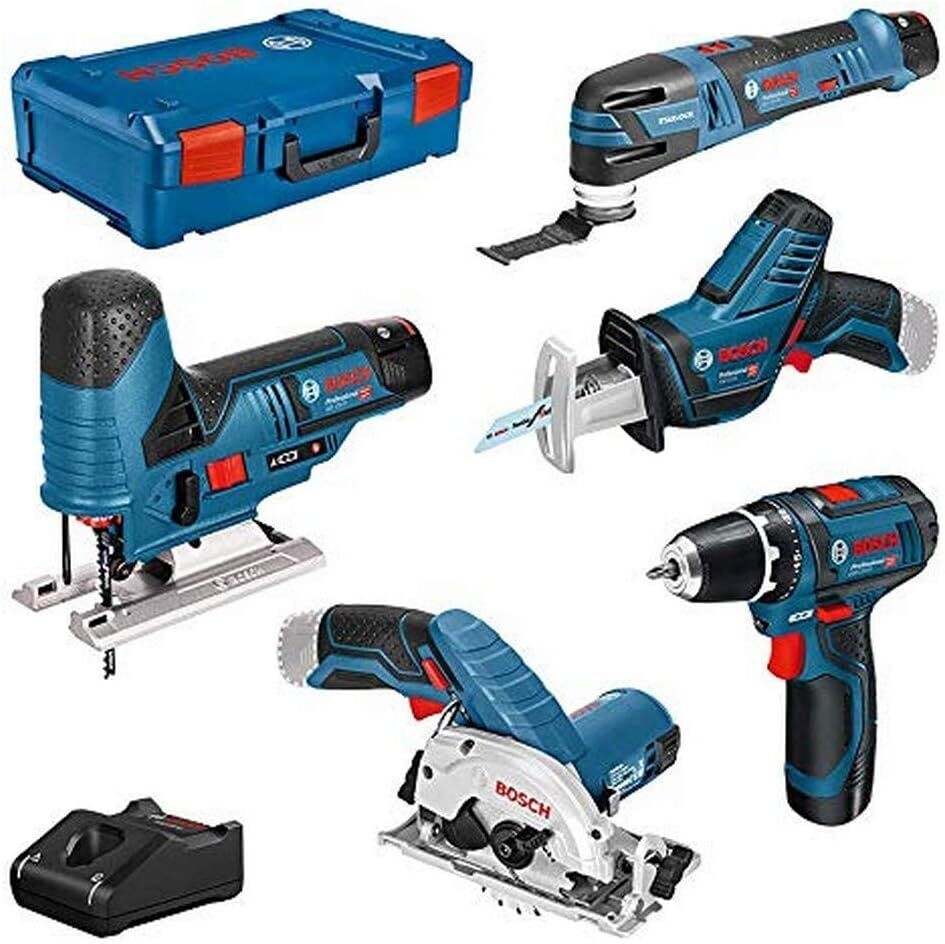 Bosch Professional 12V - atornillador GSR 12V-15 +sierra de calar GST12V-70 +sierra circular GKS 12V-26 +sierra sable GSA 12V-14 +multiherramienta GOP 12V-28 +linterna GLI12V-80 (3 baterías, XL-BOXX)
