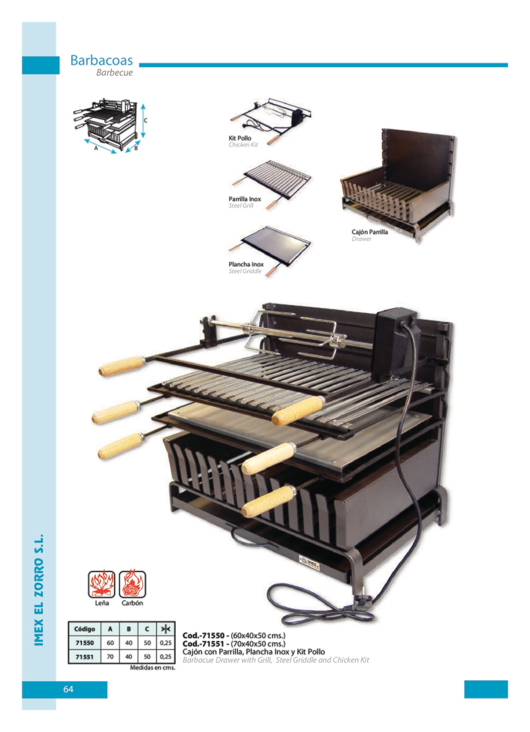 Cajón  Parrilla  con  Parrilla,	 Plancha  y Kit  Pollo    60x40x50