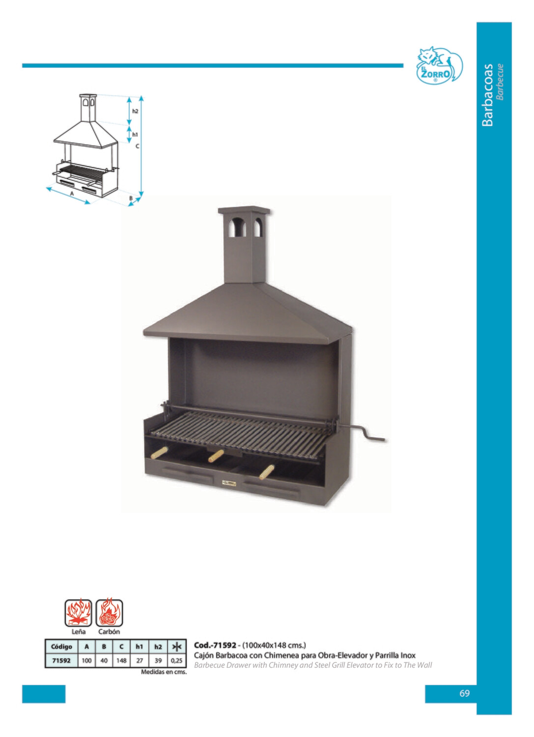 Cajón  Barbacoa  con  Chimenea	  P.Inox  100x40x148