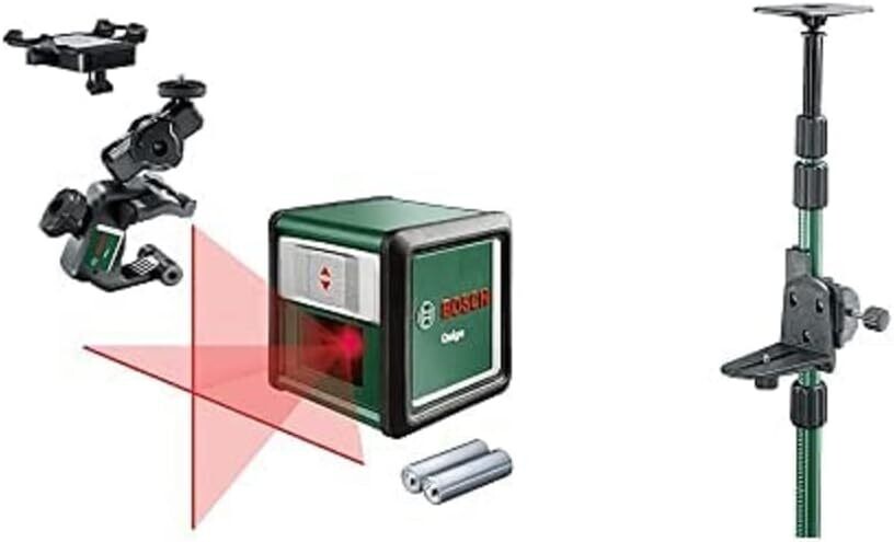 Bosch nivel láser de líneas cruzadas Quigo con pinza universal MM 2 (alineación fácil y precisa con posicionamiento flexible de la herramienta) + Bosch bastón telescópico TP 320
