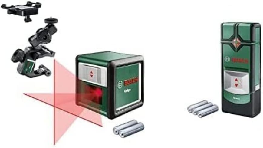 Bosch Dispositivo de localización Truvo, Profundidad máxima de detección Cable Vivo/Metal no magnético/Metal magnético: 50/60/70 mm + Quigo 3Nivel láser en Cruz (2 Pilas de 1.5 V AAA, Pinza MM2)