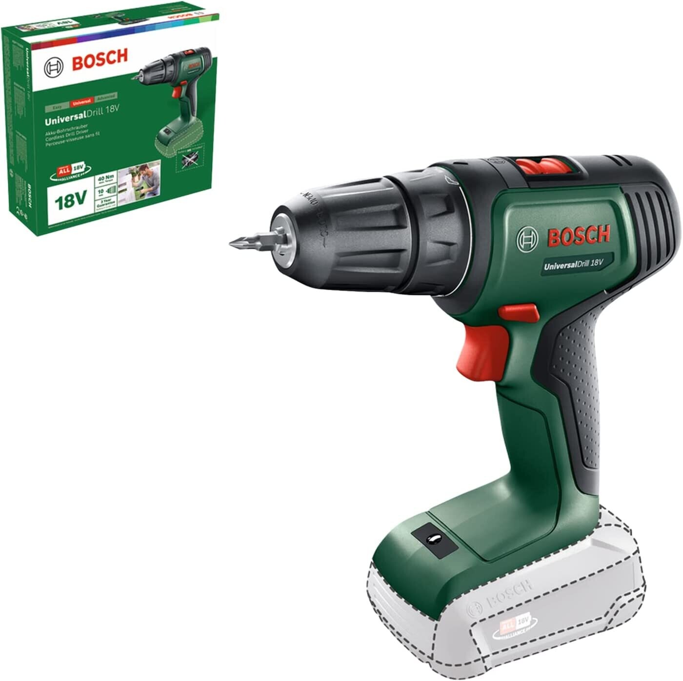 Bosch Home and Garden UniversalDrill - taladro y atornillador a batería, 18 V (sin batería, sistema de 18 V, en caja de cartón)