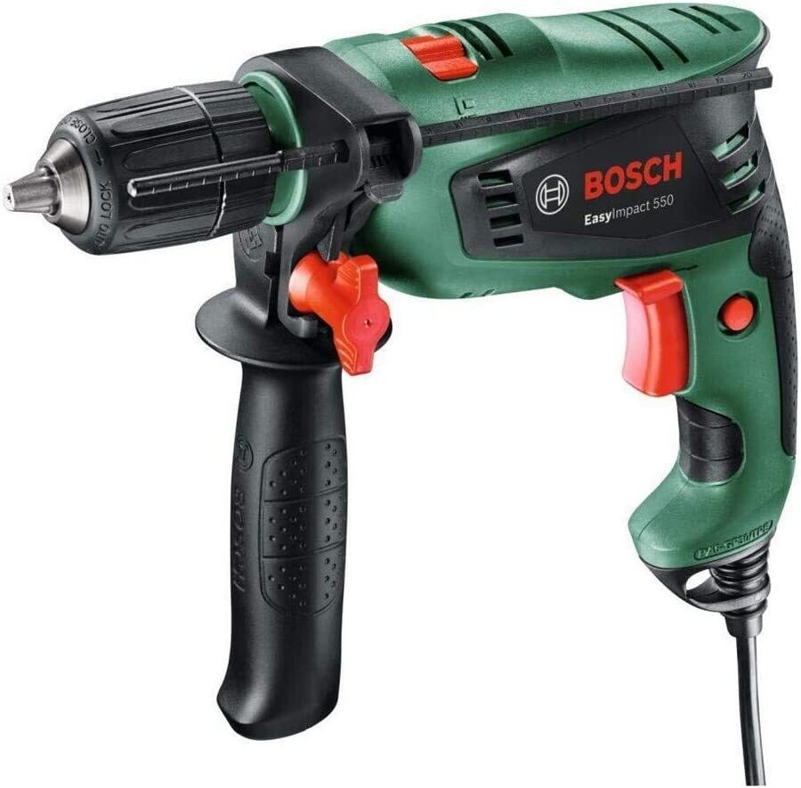 Bosch Home and Garden EasyImpact 550 - Taladro percutor (550 W, empuñadura adicional, tope de profundidad, maletín), Color Negro, Verde