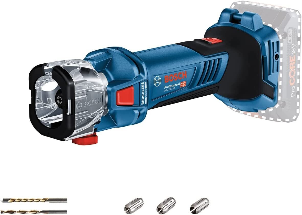 Bosch Professional 18V System GCU 18V-30 - Fresadora de corte a batería para panel yeso (Brushless, 30000 rpm, 3 – 6,4 mm, adaptador aspirador)