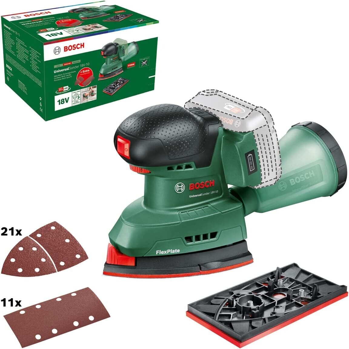 Bosch lijadora a batería UniversalSander 18V-10 (sin batería; sistema de 18 voltios; para bricolaje en madera; con 32 papeles de lija; en embalaje de cartón)