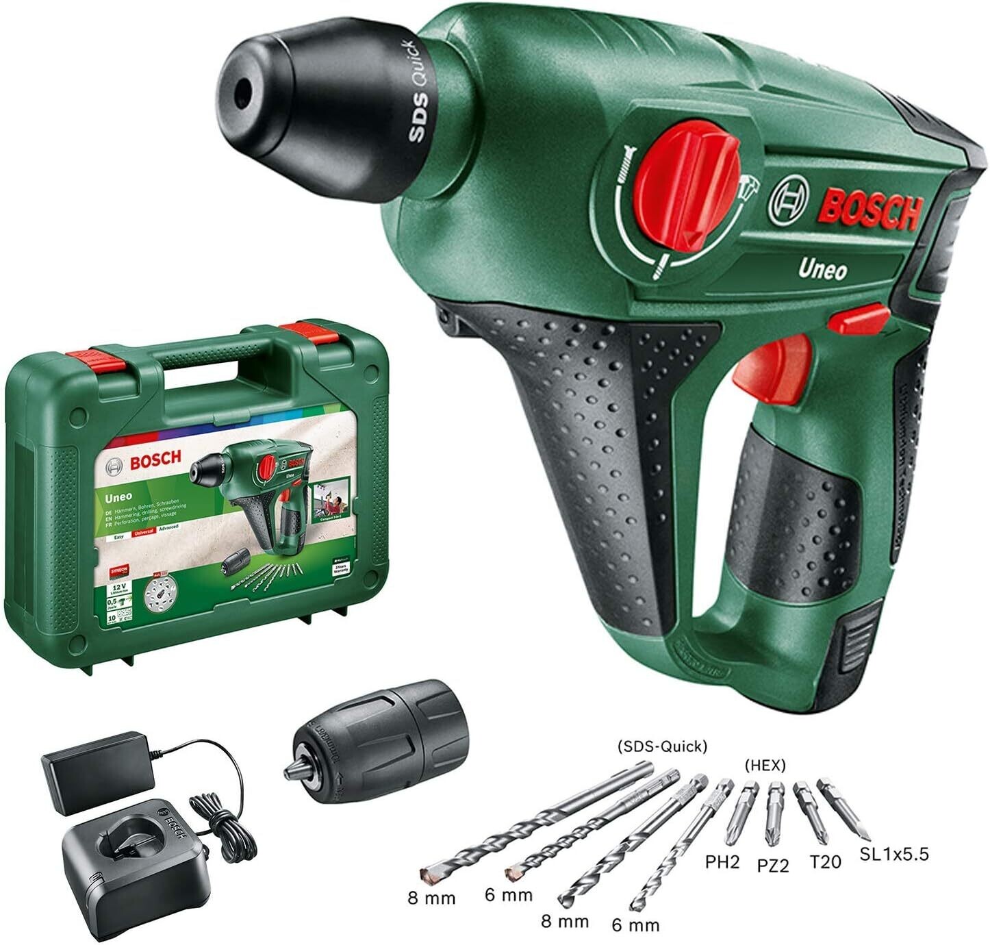 Bosch Martillo perforador a batería Uneo (12 V, 1 batería, cargador, Portabrocas adicional para brocas cilíndricas, Power for all, Sistema SDS, Cargador, 4 puntas, Maletín, 2,0 Ah)