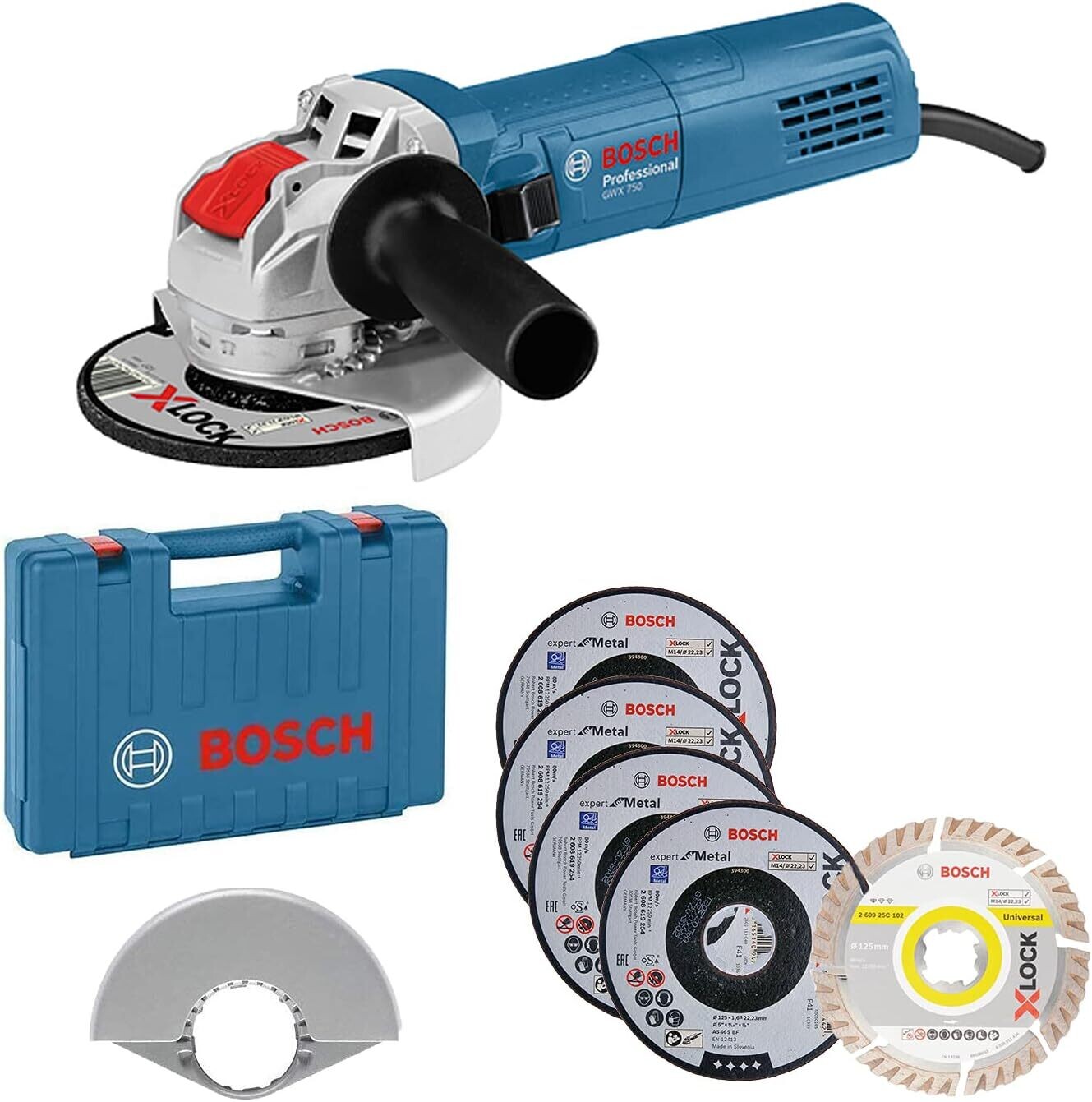 Bosch Professional GWX 750-125 - Amoladora angular (750W, 11000 rpm, X-LOCK, Ø disco 125 mm, set 5 discos de corte, en L-Case)