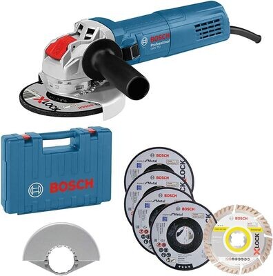 Bosch Professional GWX 750-125 - Amoladora angular (750W, 11000 rpm, X-LOCK, Ø disco 125 mm, set 5 discos de corte, en L-Case)