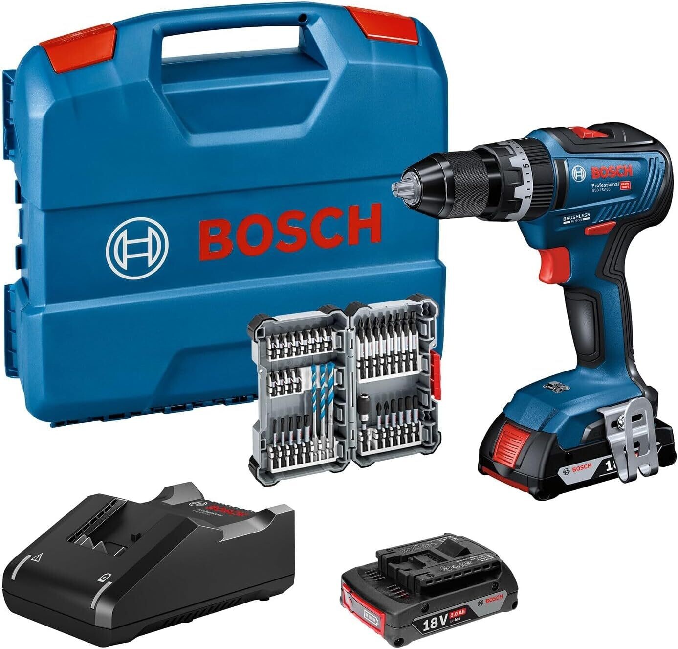 Bosch Professional 18V System GSB 18V-55 - Taladro percutor a batería (Brushless, 55 Nm, 2 baterías x 2.0 Ah, set 35 acc. impacto, en maletín)