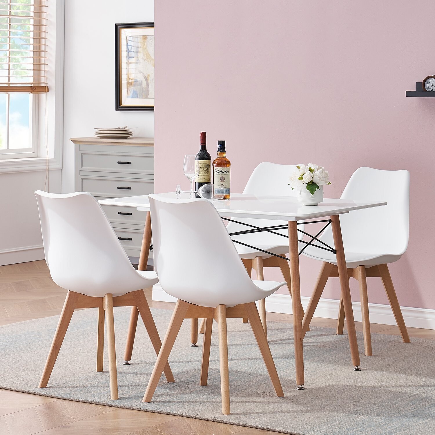 SILLA TORRE 4 SILLAS  madera, transparente, cojin blanco