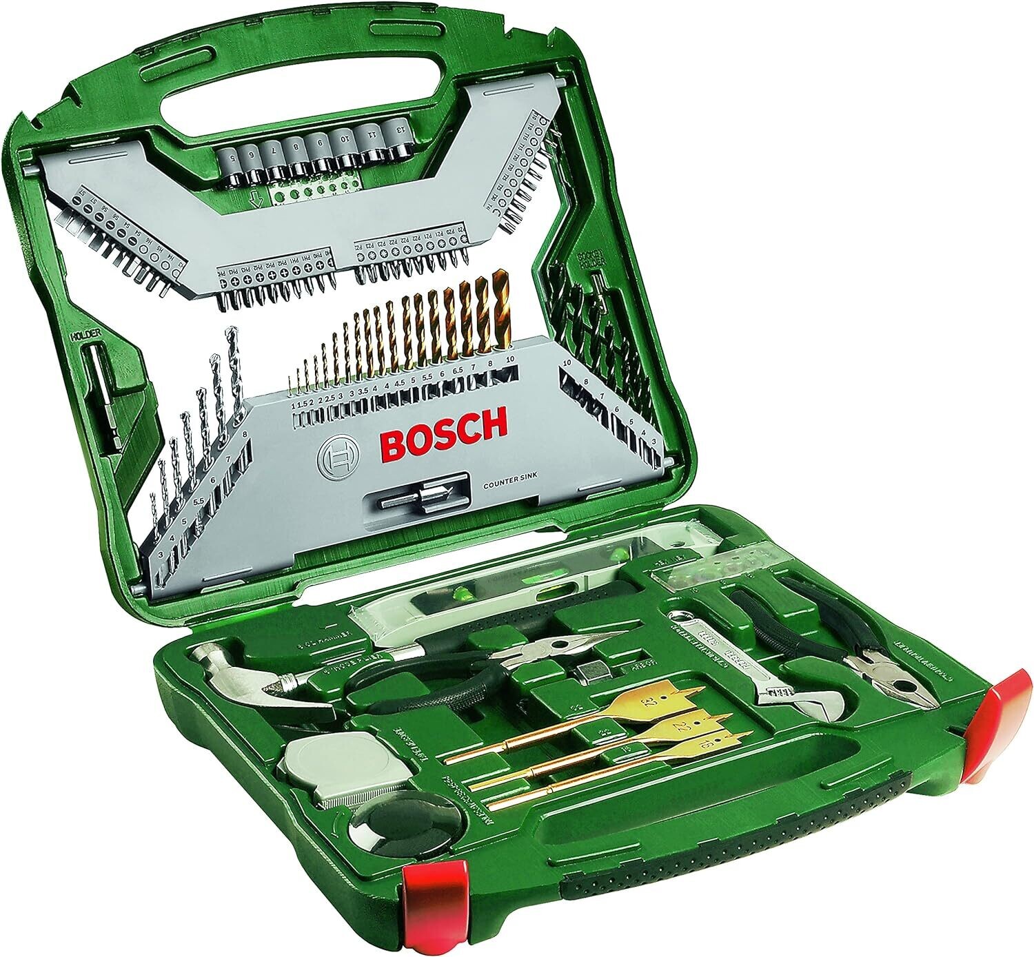 Bosch Maletín X-Line con 103 unidades para taladrar y atornillar (para madera, piedra y metal, accesorios para taladro atornillador), Color Verde