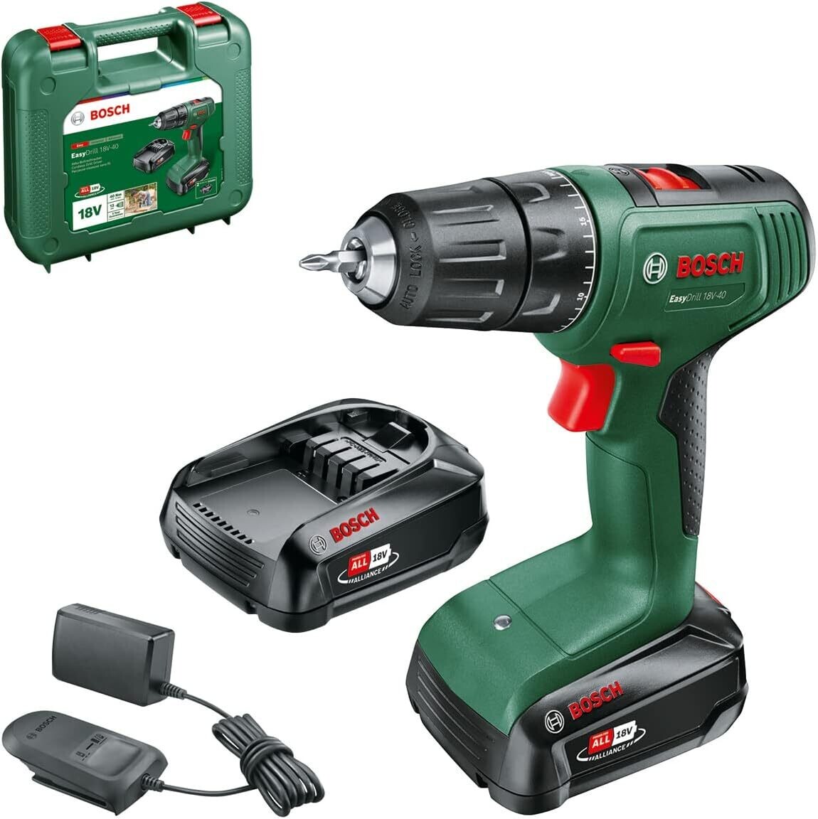 Bosch Home and Garden, atornillador a batería EasyDrill 18V-40 (2 baterías de 2,0.Ah, sistema de 18.V, en maletín de transporte)