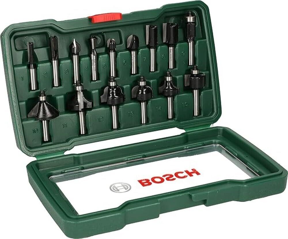 Bosch Set de 15 fresas de metal duro (para madera, vástago de 8 mm, accesorios para fresadora)