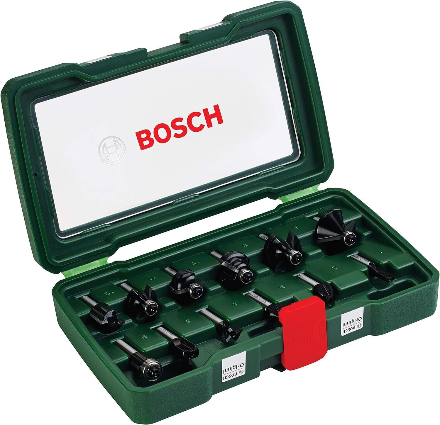 Bosch Set de 12 fresas de metal duro (para madera, vástago de 8 mm, accesorios para fresadora)