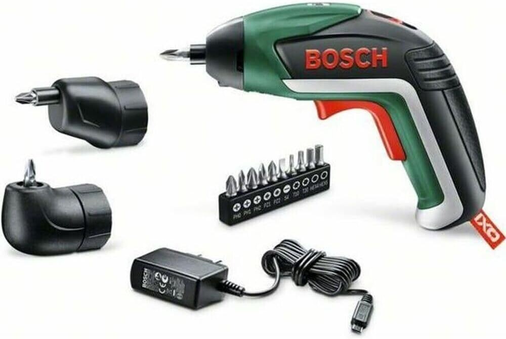 Bosch Home and Garden IXO Set Atornillador a batería Accesorios angular y excéntrico, 10 puntas para atornillar, cargador USB, estuche de espuma, 3.6 V, 1.5 Ah, Color Negro, Verde, Rojo