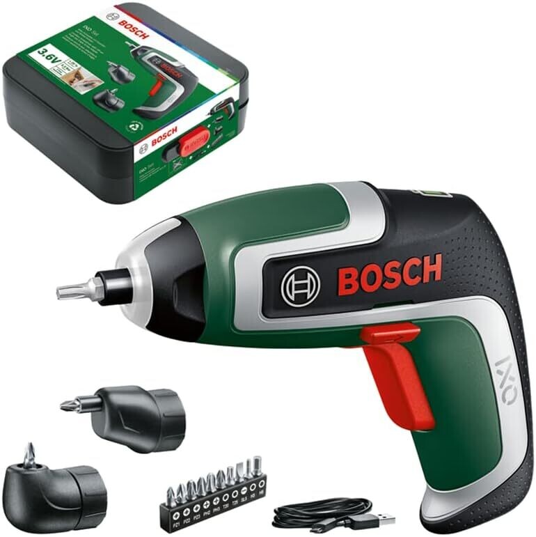 Bosch Home and Garden Atornillador a batería compacto IXO, 7.ª generación; 3.6 V; 2.0 Ah; 5.5 Nm; set incluye accesorios de atornillado en ángulo y excéntricos; con cable micro USB
