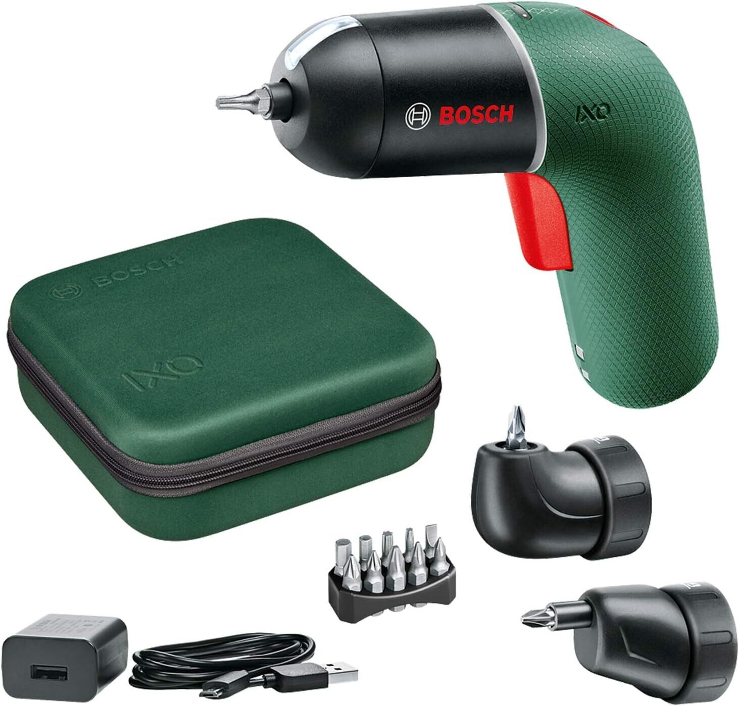 Bosch atornillador a batería IXO Set 6a generación, verde, con adaptadores angular y excéntrico IXO, CONTROL DE VELOCIDAD variable, recargable con cable micro-USB, en maletín blando