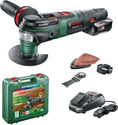 Bosch AdvancedMulti 18 - Multiherramienta a batería con maletín (1 batería 18V, cargador, plato lijador delta, set de hojas de lija, 2x hojas de sierra, empuñadura adicional, Sistema 18 V, 2,5 Ah) Bosch AdvancedMulti 18 - Multiherramienta a batería con maletín (1 batería 18V, cargador, plato lijador delta, set de hojas de lija, 2x hojas de sierra, empuñadura adicional, Sistema 18 V, 2,5 Ah)