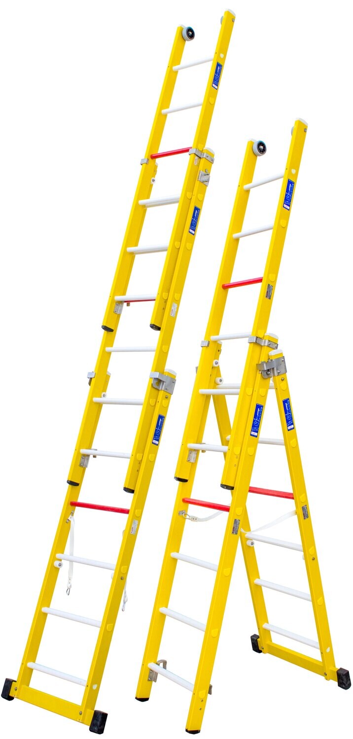 Escalera de Fibra Combinada de 3 Tramos  Modelo  FC7309  27 Peldaños Altura en tijera 2725 mm Altura en tijera + tramo 4385 mm Altura extendida 6075 escalera  Ancho escalera 514  Base 873 Peso 31 kg