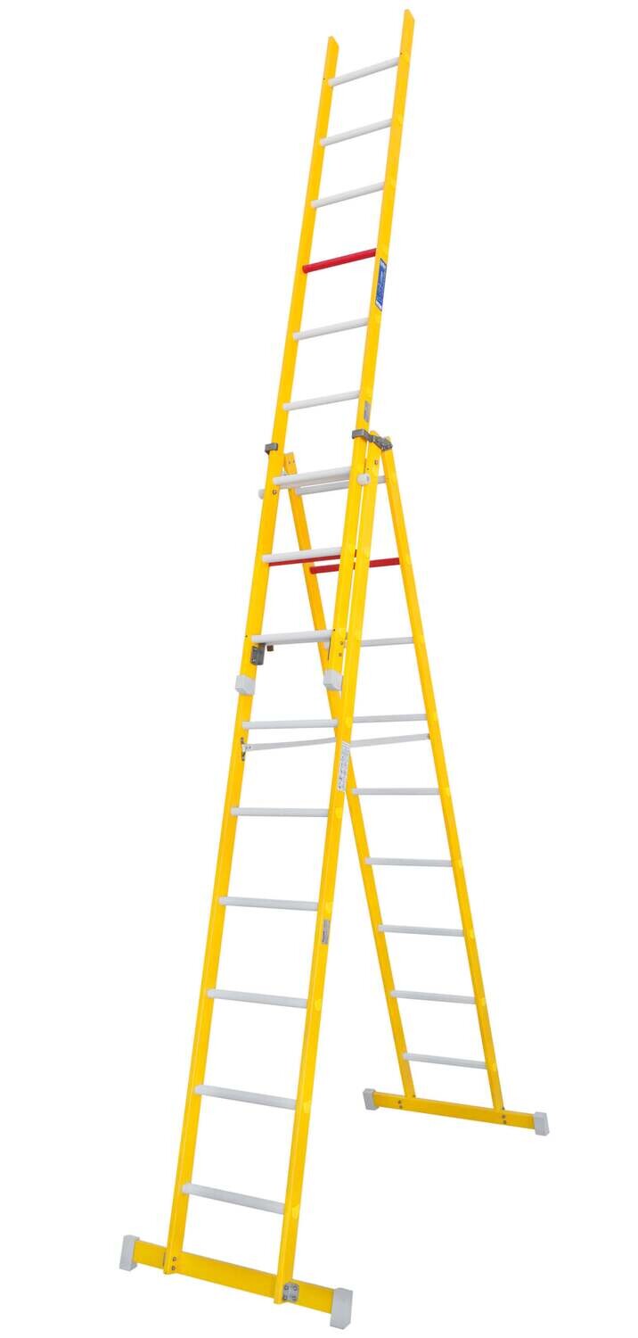 Escalera de Fibra de Tijera con Tramo Extensible FTE05 15 Peldaños Altura en tijera 1490 mm Altura extendida2395 mm Ancho escalera 400
   Ancho base 650 Peso 14 kg