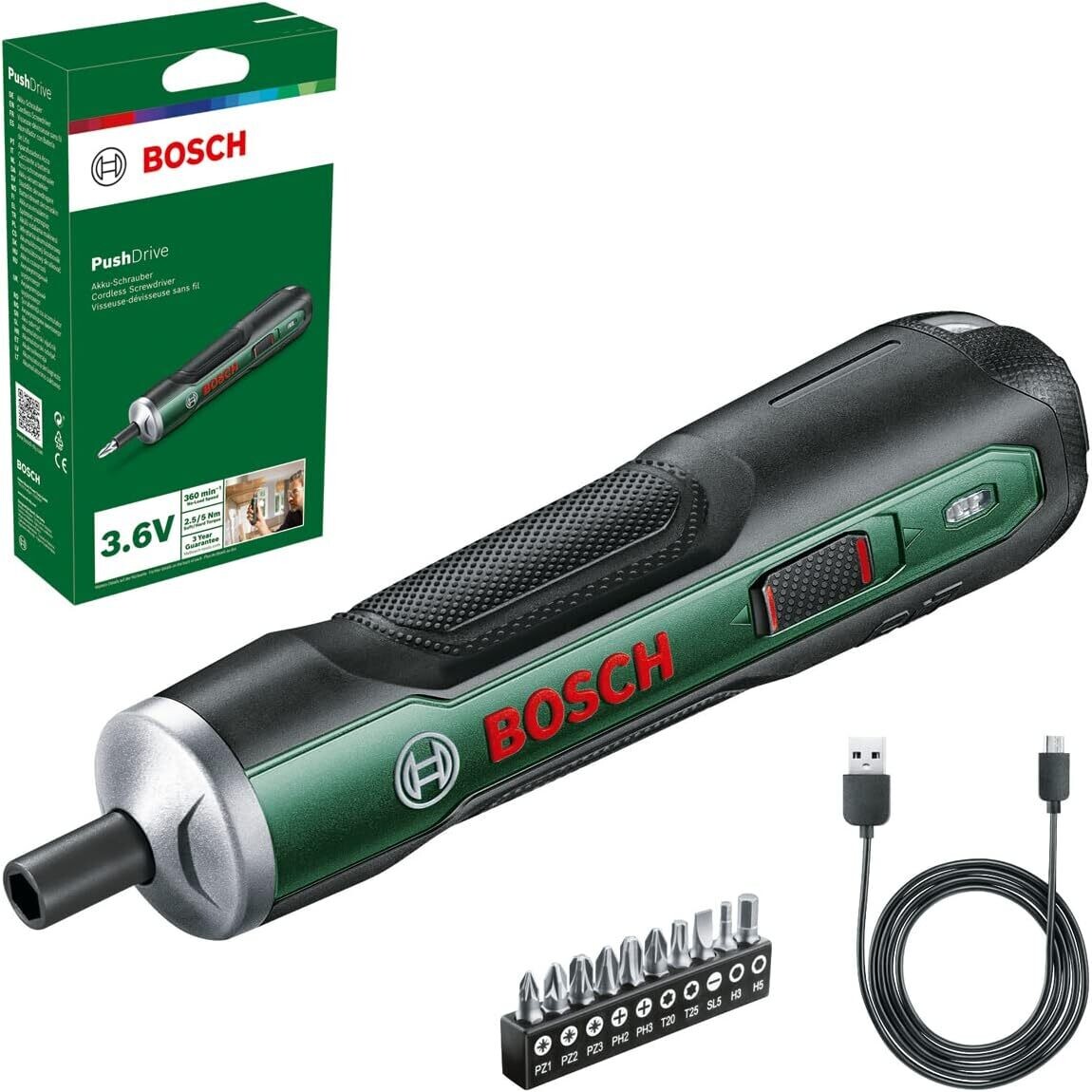 Bosch Home and Garden destornillador a batería PushDrive set de iniciación (3,6 V, 1,5 Ah, 5,0 Nm, 10 brocas, con cable carga micro USB, en caja cartón)