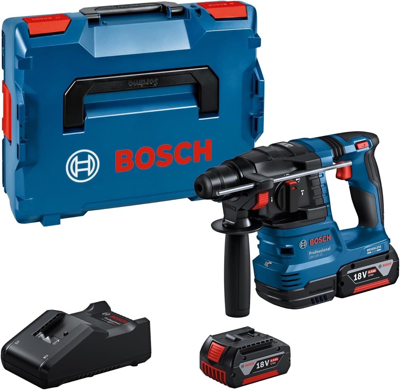 Bosch Professional 18V System martillo perforador a batería GBH 18V-22 (con SDS plus, indicado para perforar orificios entre 6 mm y 10 mm, incl. 2 baterías de 4,0 Ah, cargador GAL 18V-40, en L-BOXX)