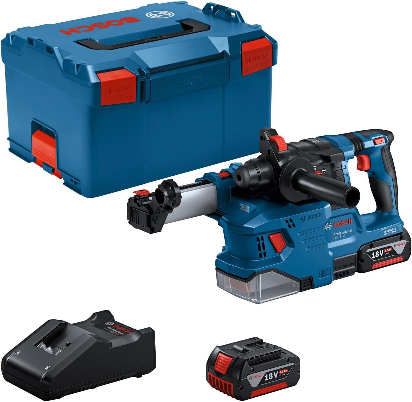 Bosch Professional 18V System martillo perforador a batería GBH 18V-22 (con SDS plus, incl. 2 baterías de 4,0 Ah, cargador GAL 18V-40, 2 cepillos de anillo, GDE 18V-12, en L-BOXX)