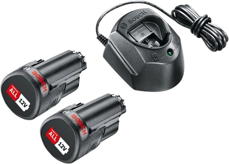 Bosch Home and Garden - Pack de batería y cargador (2 baterías, sistema 12 V, en caja)