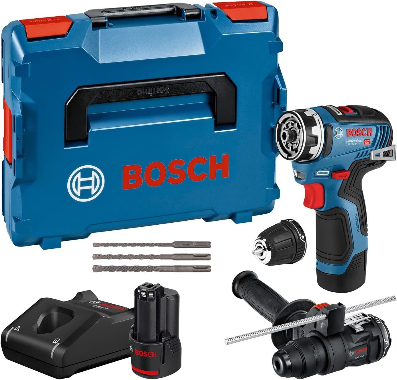 Bosch Professional 12V System GSR 12V-35 FC - Atornillador a batería (Brushless, 35 Nm, 2 cabezales FlexiClick, set accesorios, 2 baterías x 3.0 Ah, en L-BOXX)