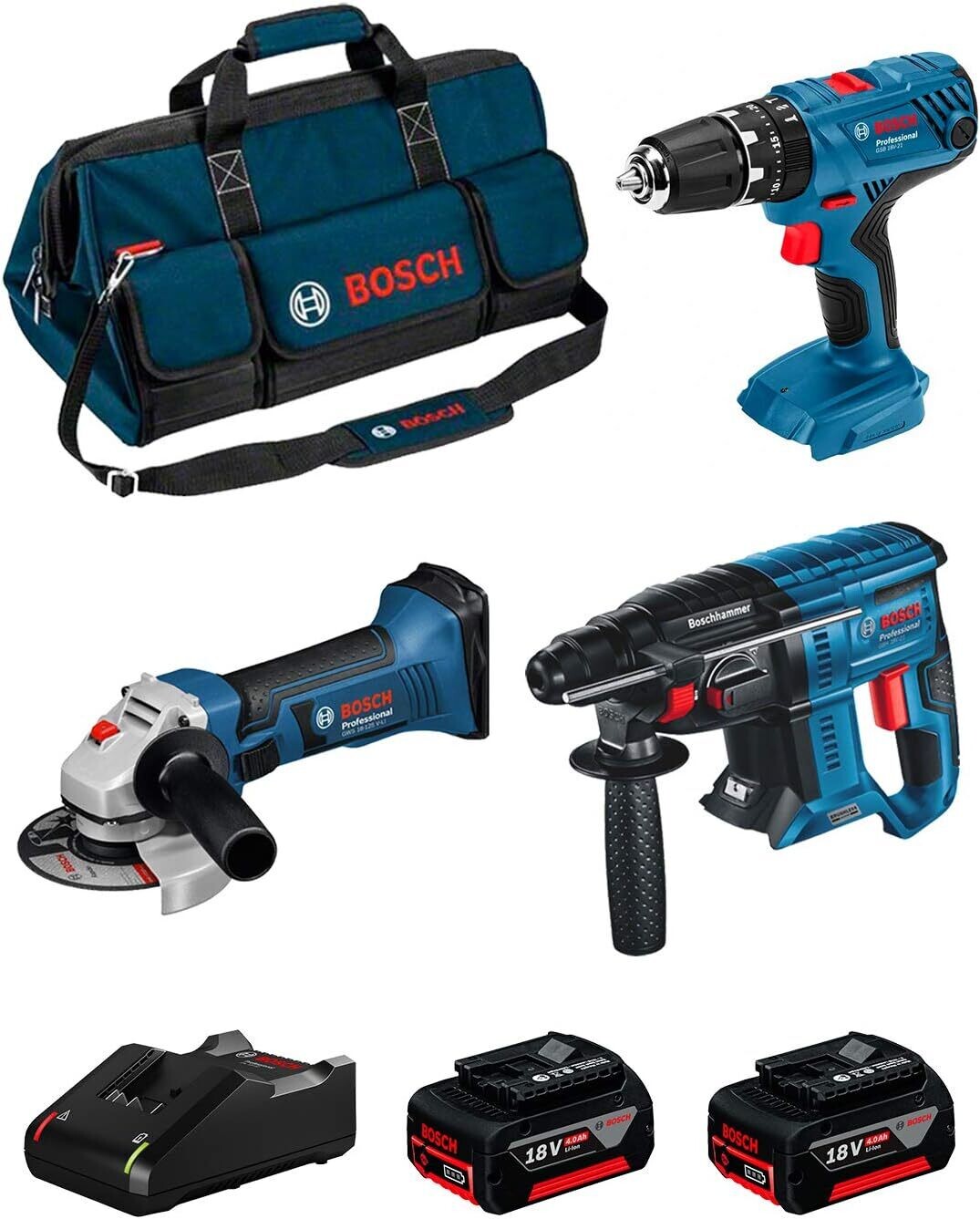 BOSCH Kit 18V BK304BAG (Martillo Perforador GBH 18V-21 + Taladro Percutor GSB 18V-21 + Amoladora GWS 18-125 V-LI + 2 Baterías de 4,0 Ah + Cargador + Bolsa)