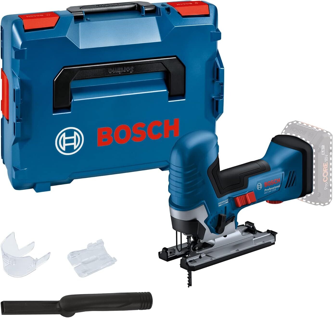 Bosch Professional 18V System GST 18V-125 S - Sierra de calar a batería (Brushless, 3500 cpm, profundidad de corte 125 mm, adaptador de aspiración, sin batería, en L-BOXX)