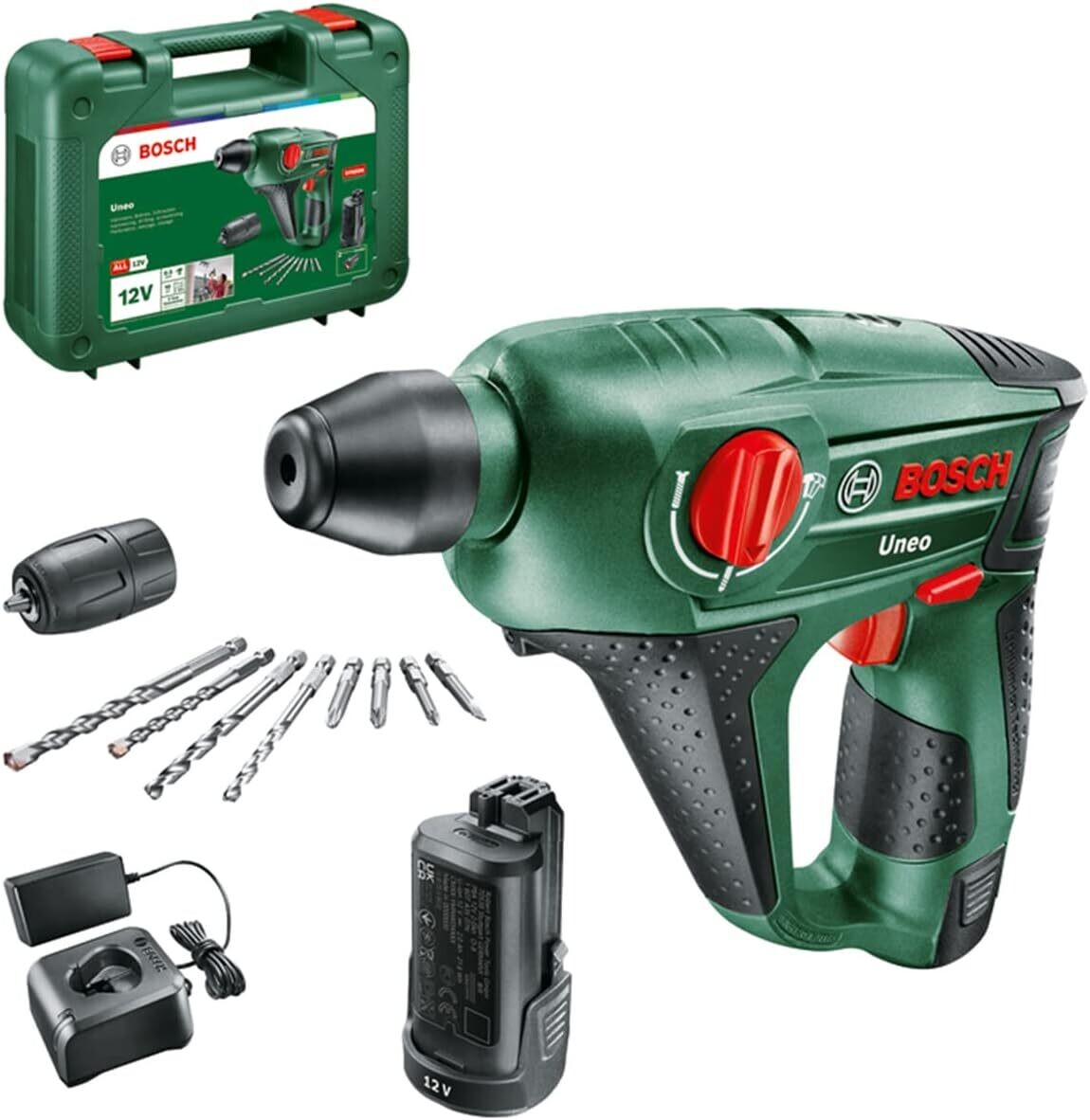 Bosch Home and Garden 060398400E Martillo perforador a batería Uneo, 12 V, 2 baterías, Con portabrocas para broca cilíndrica, Power for all, SDS Quick, 4 puntas, Maletín