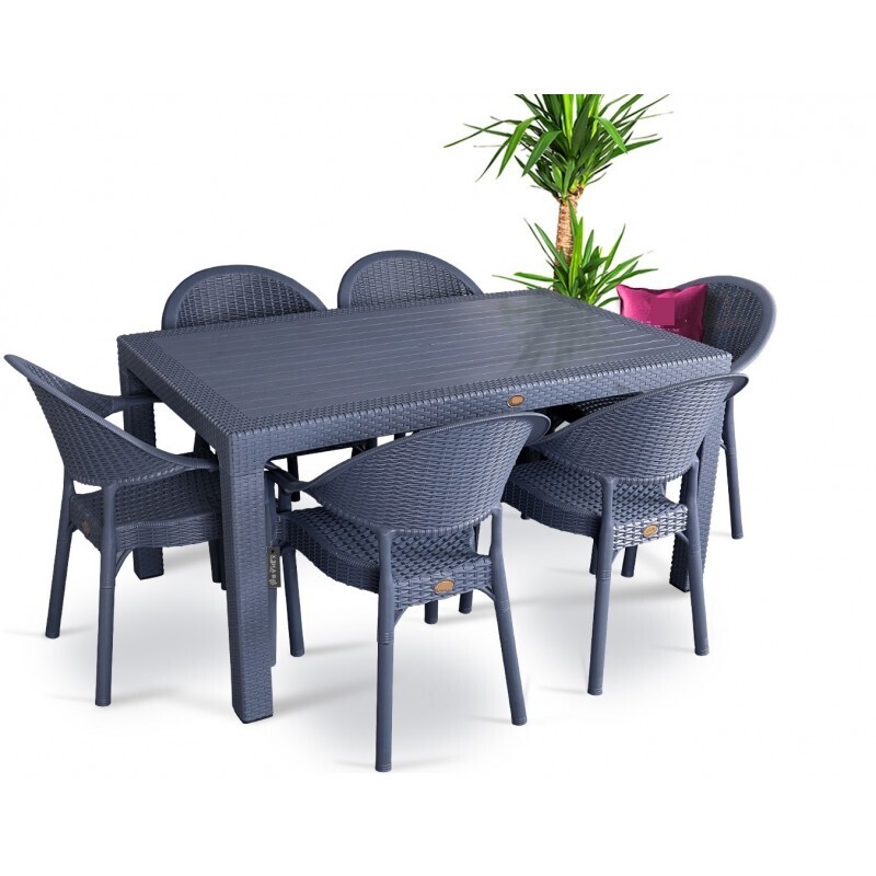 Mesa MIJAS, polipropileno gris oscuro, 150 x 90 cms Más seis sillas