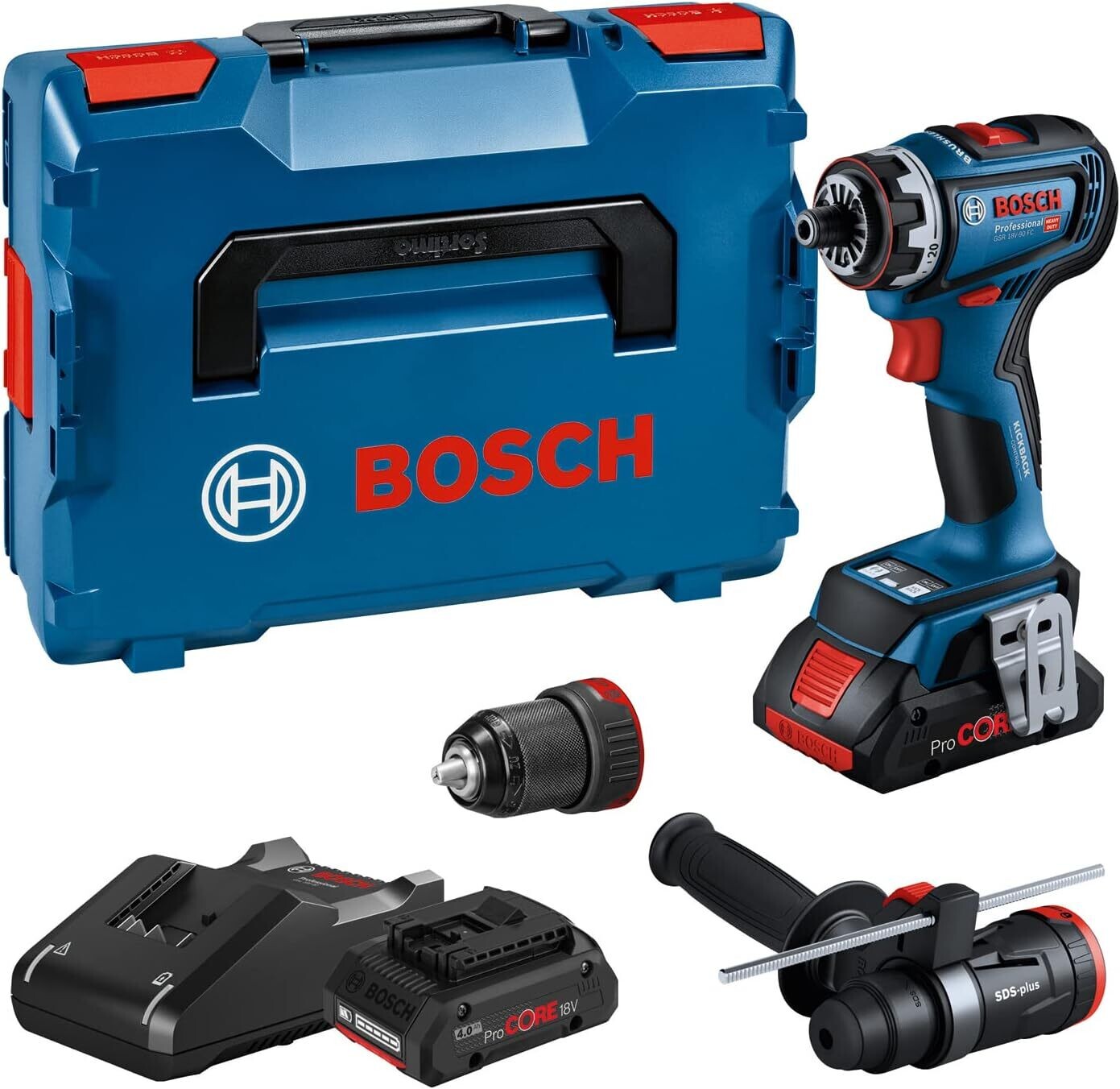 Bosch Professional 18V System GSR 18V-90 FC - Atornillador a batería (Brushless, 64 Nm, 2 cabezales FlexiClick, 2 baterías ProCORE x 4.0 Ah, en L-BOXX)