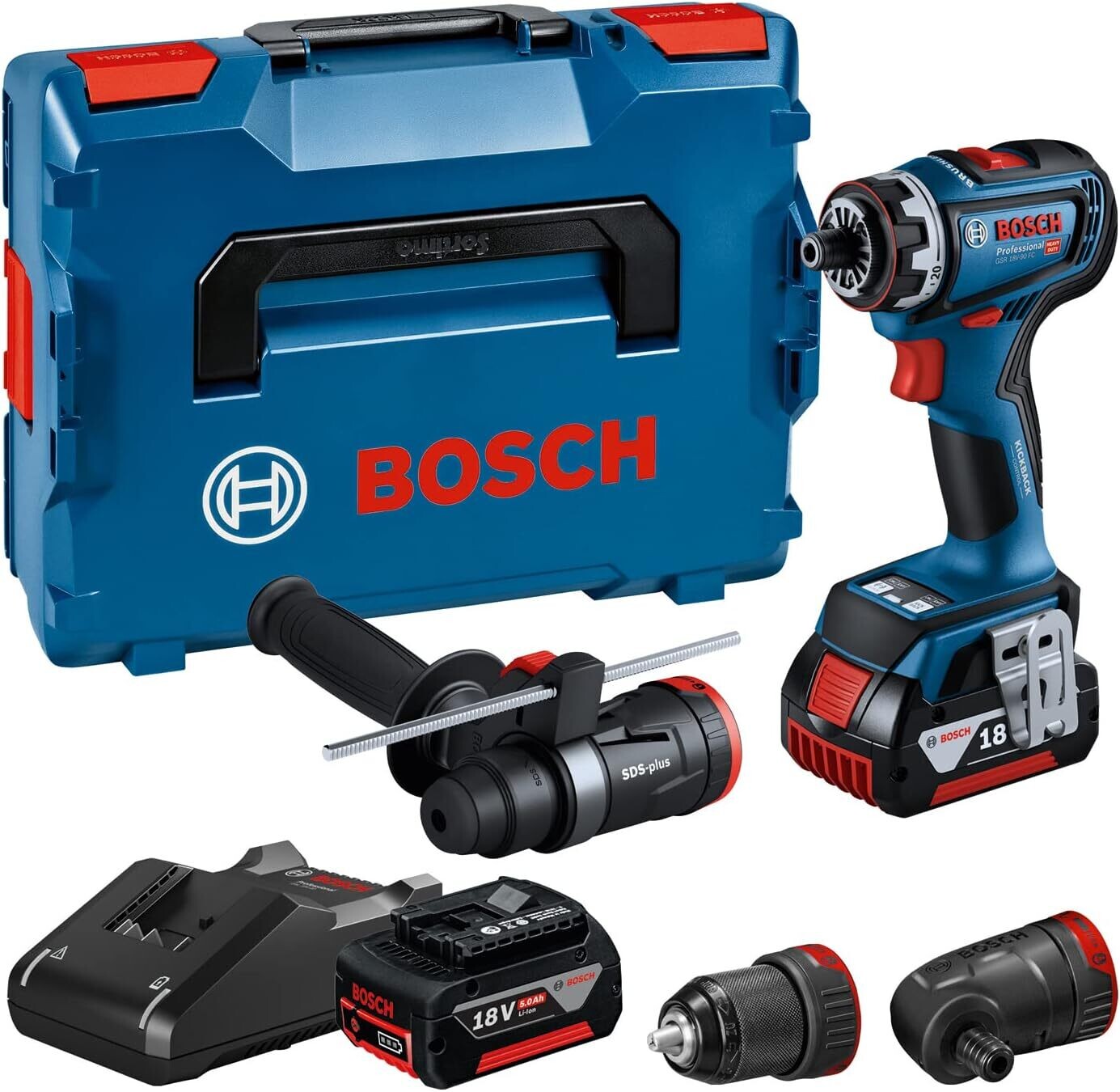Bosch Professional 18V System GSR 18V-90 FC - Atornillador a batería (Brushless, 64 Nm, 3 cabezales FlexiClick, 2 baterías x 5.0 Ah, en L-BOXX)