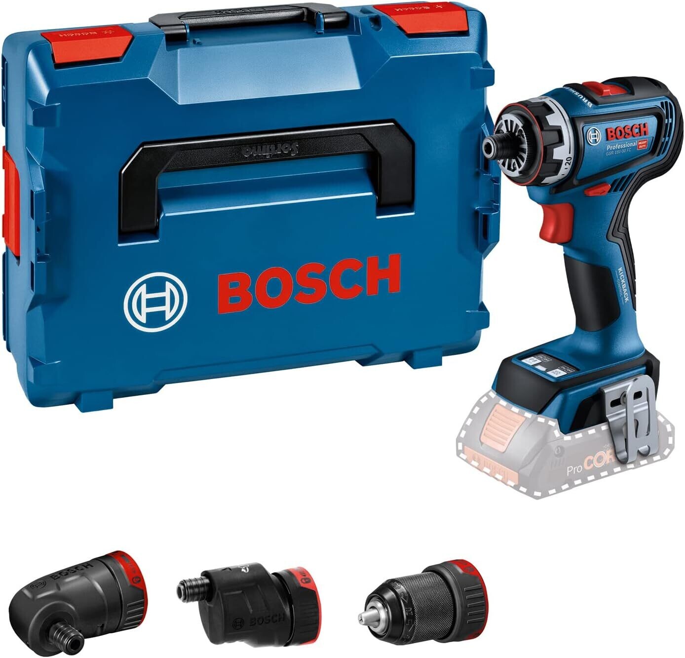 Bosch Professional 18V System GSR 18V-90 FC - Atornillador a batería (Brushless, 64 Nm, 3 cabezales FlexiClick, en L-BOXX)